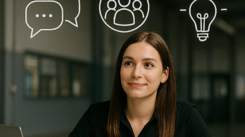 Illustration einer Person am Schreibtisch mit schwebenden Symbolen für Soft Skills wie Kommunikation, Teamarbeit und Problemlösungsfähigkeit