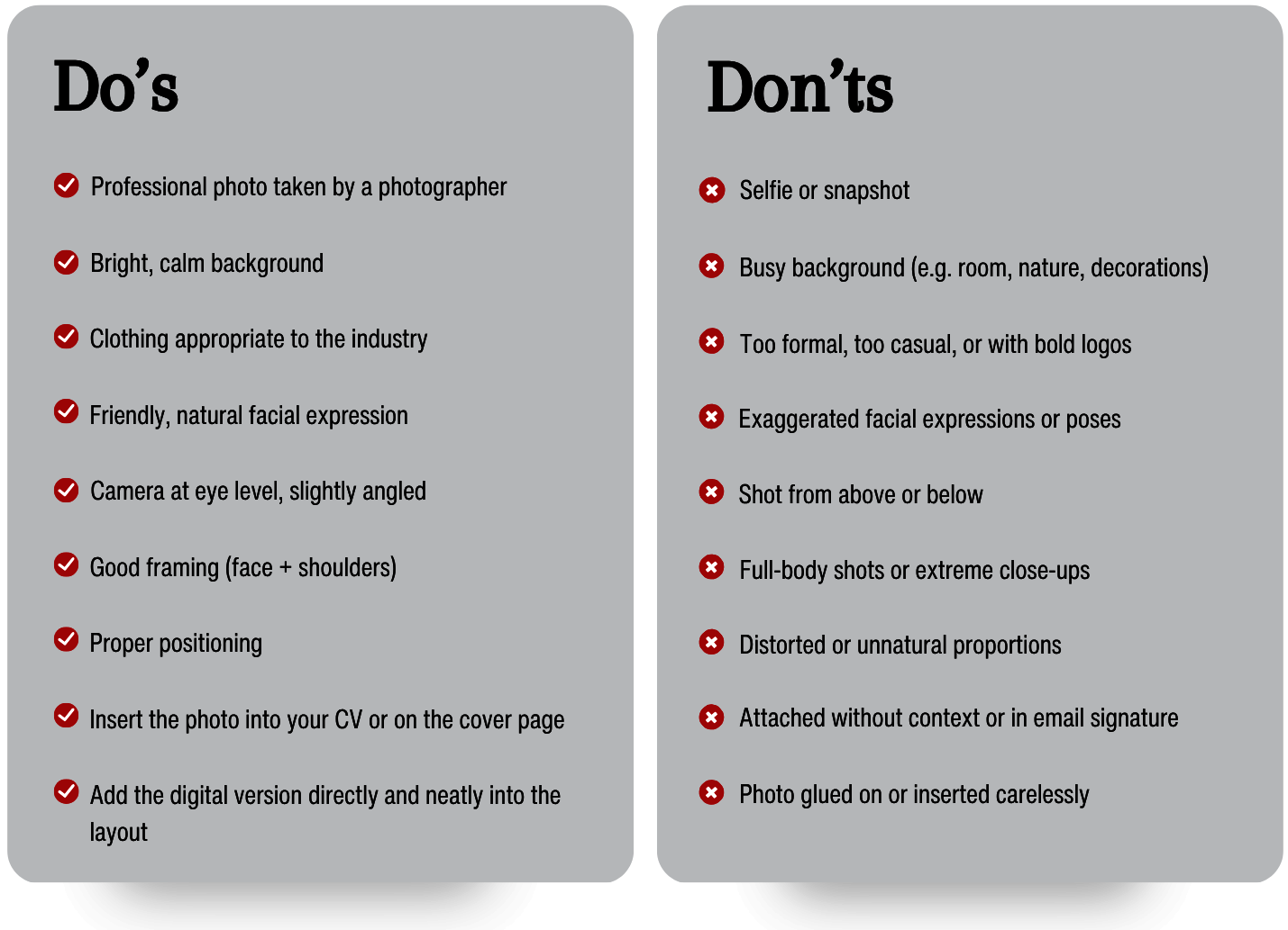 Infographic showing do’s and don’ts for job application photos: good examples and common mistakes to avoid.