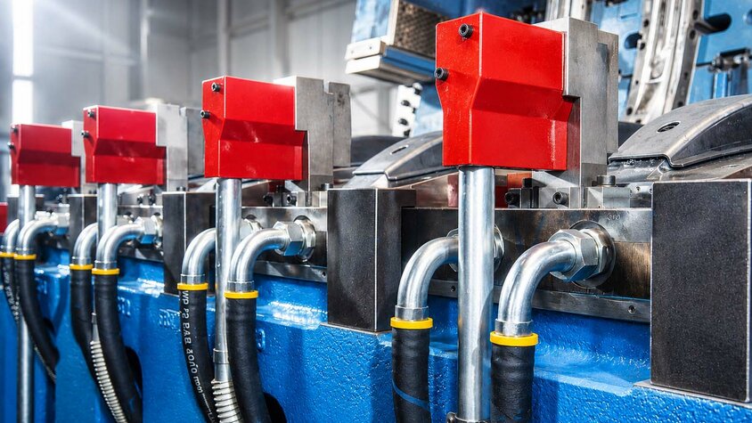 Detailaufnahme eines blauen Warmumformwerkzeuges zur Produktion von vierfachfallenden Stoßfängern von weba Werkzeugbau 