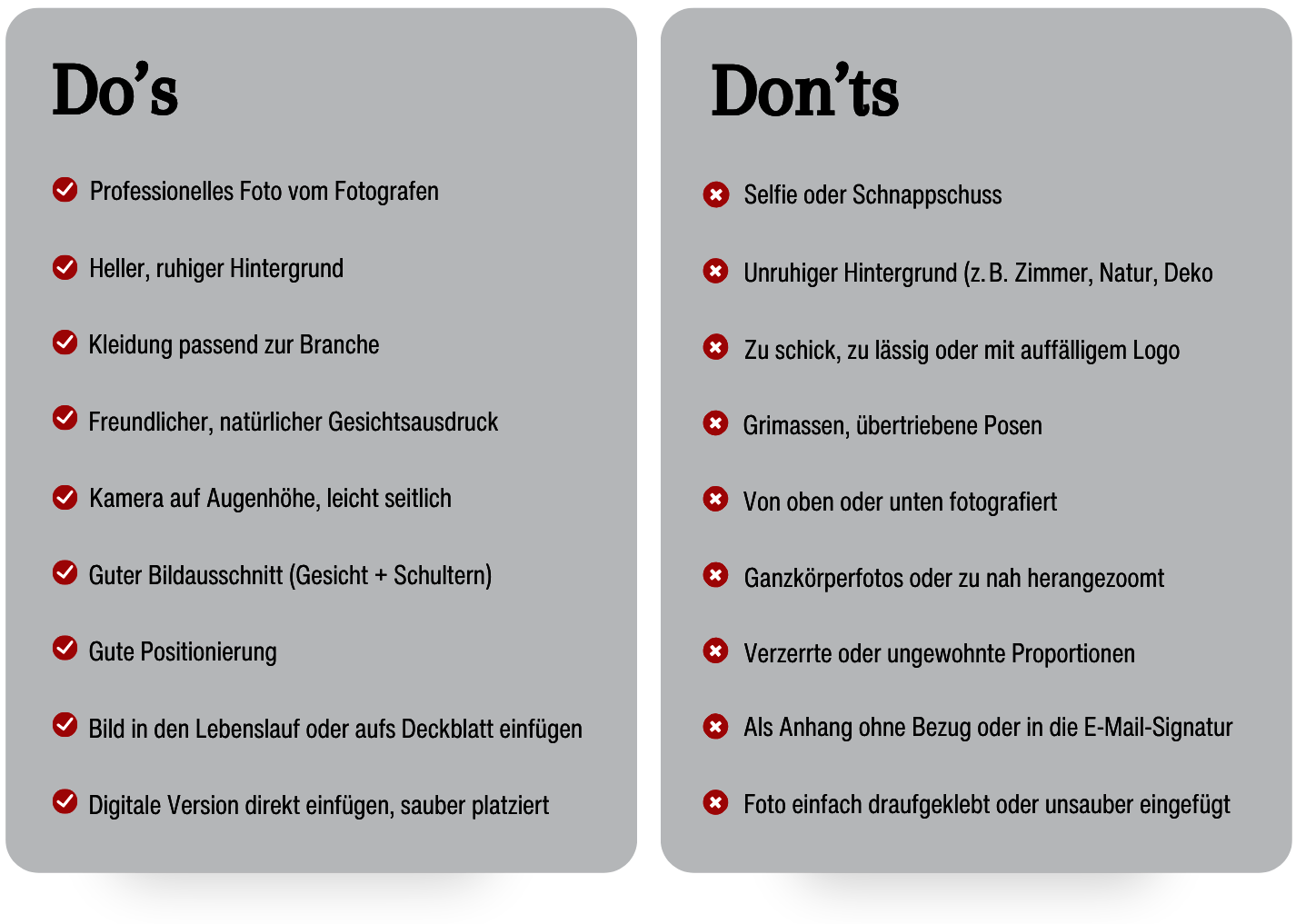 Do’s & Don’ts fürs Bewerbungsfoto: Positive Beispiele und typische Fehler bei der Gestaltung eines professionellen Bewerbungsbildes.
