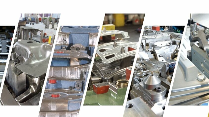 Werkzeuge und Bauteile aus der Kaltumformung: detailreiche Aufnahmen von Presswerkzeugen und geformten Metallkomponenten im Produktionsprozess.