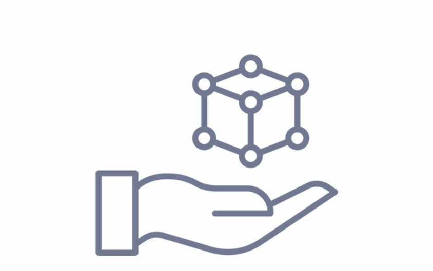 Symbolgrafik einer Hand, die ein vernetztes 3D-Modell hält – steht für Innovation, Entwicklung und Prototyping im Werkzeugbau bei weba.