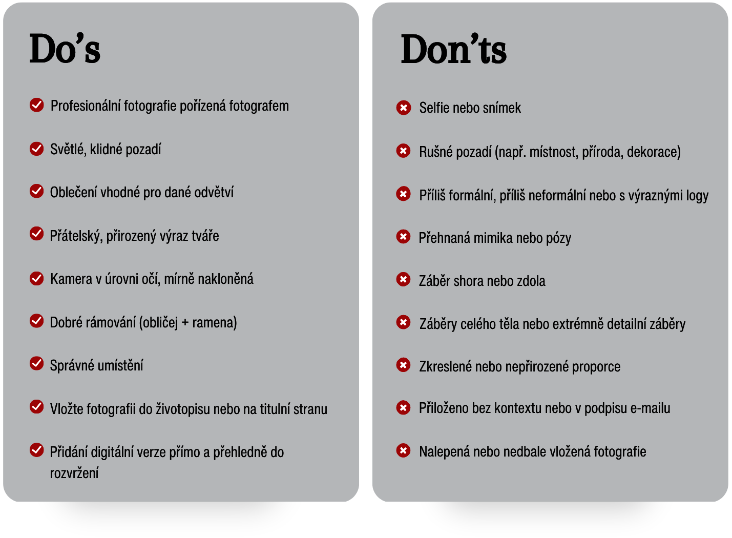 Grafika s tipy Do’s & Don’ts pro fotografii k životopisu: pozitivní příklady a časté chyby, kterým je třeba se vyhnout.