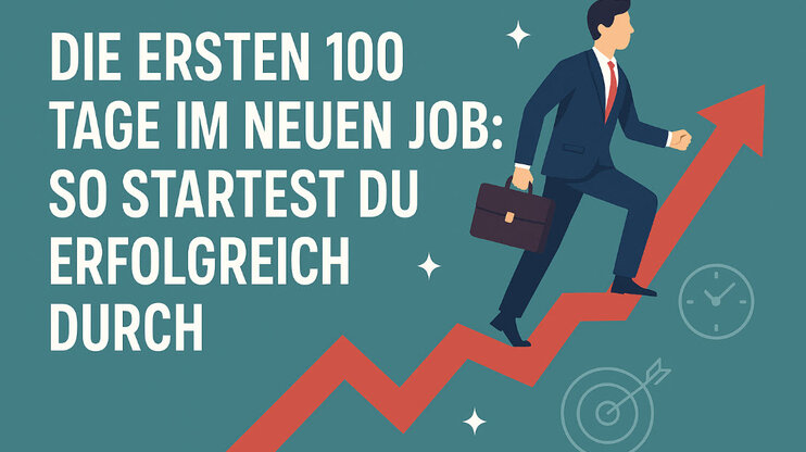 Illustration eines Geschäftsmanns, der auf einem roten Pfeil nach oben läuft – sinnbildlich für einen erfolgreichen Einstieg in den neuen Job