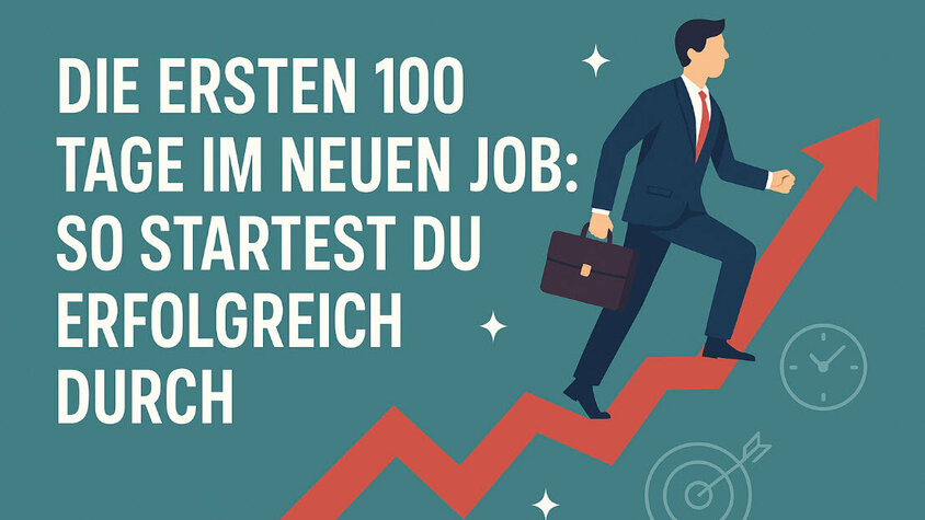 Illustration eines Geschäftsmanns, der auf einem roten Pfeil nach oben läuft – sinnbildlich für einen erfolgreichen Einstieg in den neuen Job