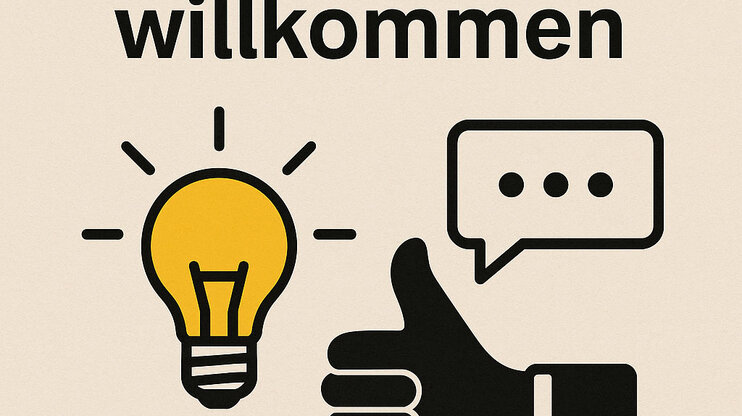 Symbolgrafik mit Glühbirne, Daumen hoch und Sprechblase, dazu Text „Gute Ideen willkommen“.