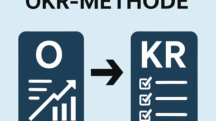 Grafische Darstellung der OKR-Methode: Links ein Icon für Objectives, rechts ein Icon für Key Results, verbunden durch einen Pfeil.