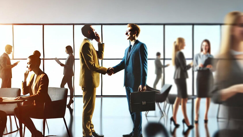 Menschen in Business-Umgebung beim Networking: Zwei Personen geben sich die Hand, andere führen Gespräche oder arbeiten am Laptop.