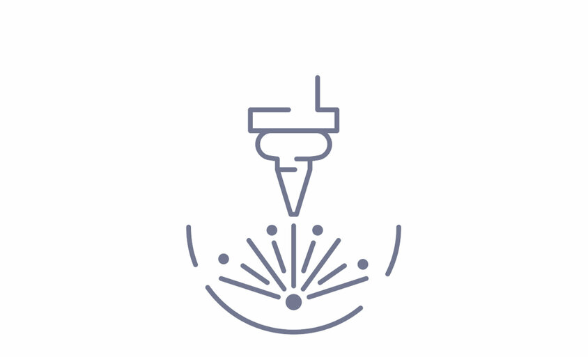 Symbolgrafik eines Laserschneidprozesses – präziser Laserstrahl trifft auf Materialoberfläche und erzeugt Funken.