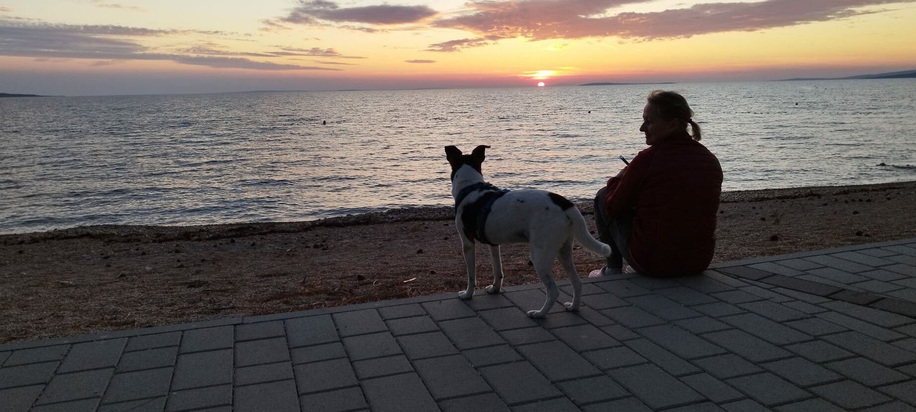Klaudia sitzt am Strandweg und schaut mit ihrem Hund auf das Meer bei Sonnenuntergang.