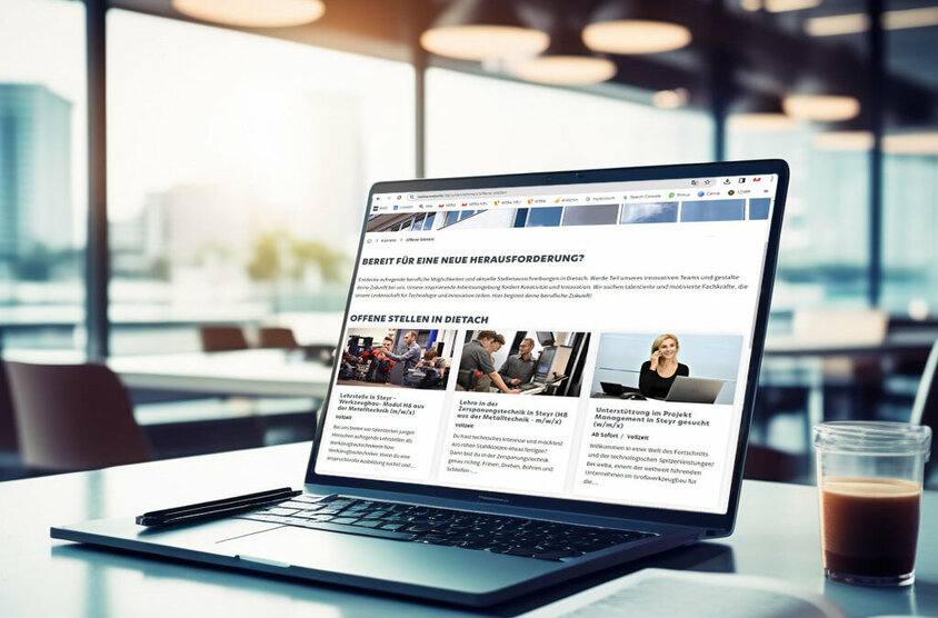 Ein Laptop auf einem Tisch, auf dessen Bildschirm die Stellenangebote-Webseite von weba Werkzeugbau geöffnet ist, bietet einen Einblick in die aktuellen Jobs in Steyr und Karrieremöglichkeiten des Unternehmens. Der Laptop steht in einem hellen Büro, und durch die Glaswand im Hintergrund sind ein eleganter Besprechungstisch und mehrere Stühle zu erkennen, was auf eine moderne und professionelle Arbeitsumgebung hinweist. Dieses Bild vermittelt den Eindruck einer zugänglichen und transparenten Karrierewelt bei weba, wobei die Technologie als Brücke zwischen potenziellen Bewerbern und dem Unternehmen dient.