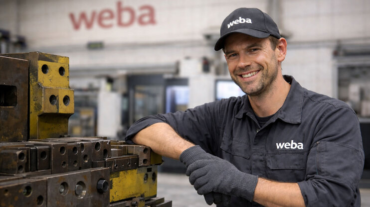 Údržbář v šedém pracovním oděvu se opírá o nástroj a usmívá se do kamery, průmyslové prostředí v pozadí.