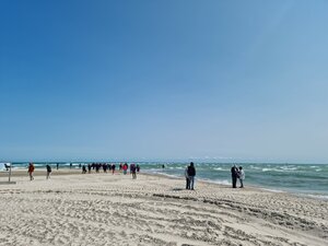 A group of people walking along a sandy beach in sunny weather, where the North Sea and the Baltic Sea meet. The sky is bright blue, and the sea is calm with gentle waves.