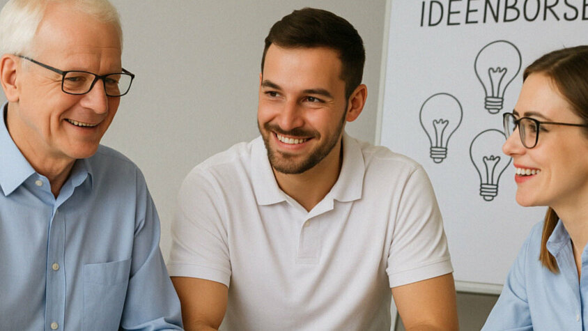 Drei Mitarbeiter sitzen an einem Tisch und diskutieren, im Hintergrund ein Flipchart mit der Aufschrift „Ideenbörse“ und gezeichneten Glühbirnen.