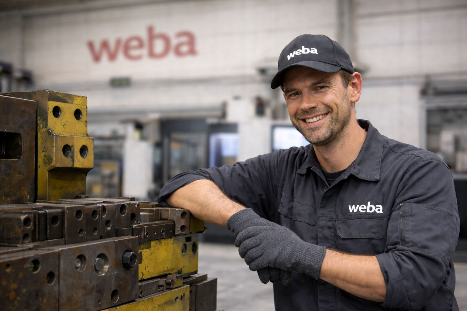 Údržbář v šedém pracovním oděvu se opírá o nástroj a usmívá se do kamery, průmyslové prostředí v pozadí.