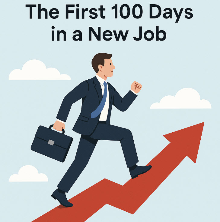 Illustration of a businessman climbing a red arrow – symbolizing a successful start in a new job