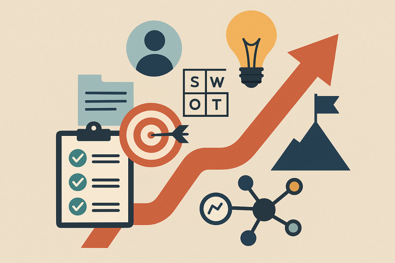 Illustration Karriereplanung mit Symbolen für Ziele, SWOT-Analyse, Checkliste, Ideenfindung und Aufstieg